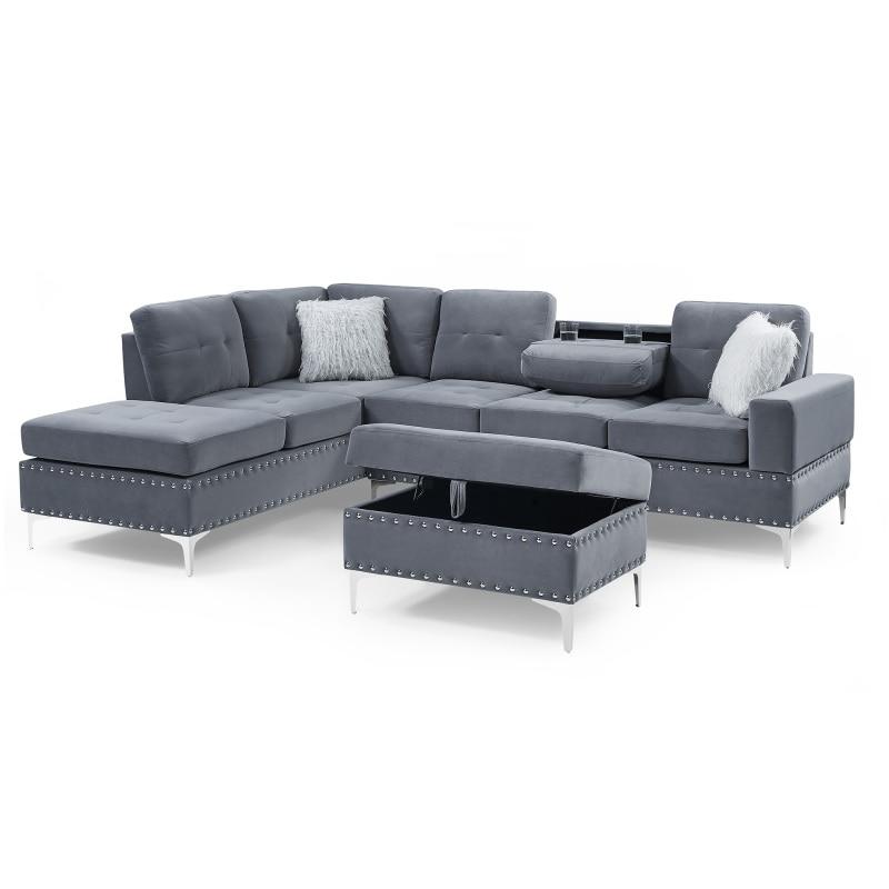 3-Seaters-Sofa-with-Reversible-Chaise-Storage-Ottoman-and-Cup-Holders-Metal-Legs-and-Copper-Nails